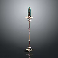 Ornate Fantasy Weapon Staff With Colored Crystal Top Metallic Carvings And Decorative Base