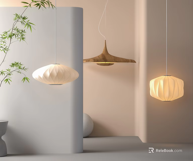Various Design Pendant Lights In Modern Interior With Wooden Fabric Shades And Bamboo Decor 3d model 