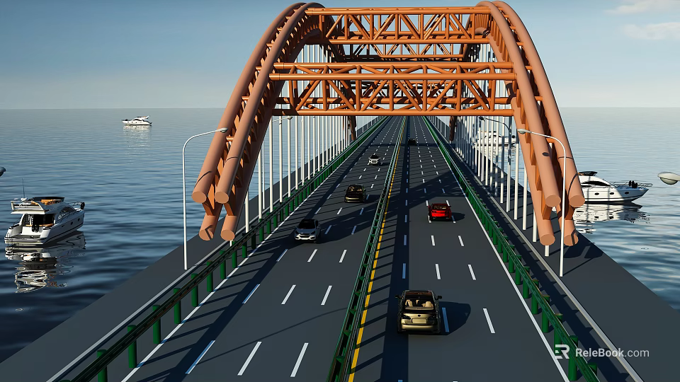 Orange Steel Frame Arch Bridge Over Water With Cars And Street Lights 3d model 