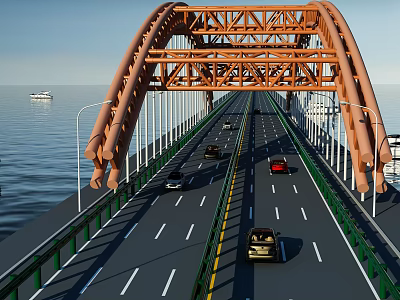 Orange Steel Frame Arch Bridge Over Water With Cars And Street Lights 3d model