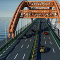 Orange Steel Frame Arch Bridge Over Water With Cars And Street Lights