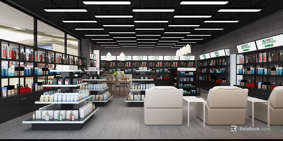 Modern Retail Store Interior With Shelves Products Lighting And Seating Area 3d model 
