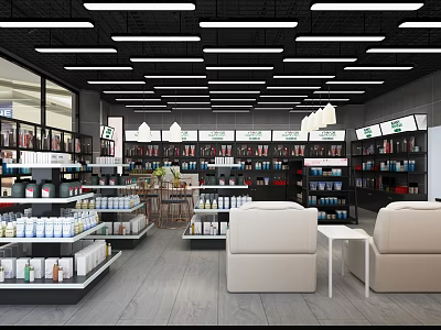 Modern Retail Store Interior With Shelves Products Lighting And Seating Area 3d model