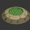 Circular Decorative Object With Green Grid Center And Moss Covered Petal Edges
