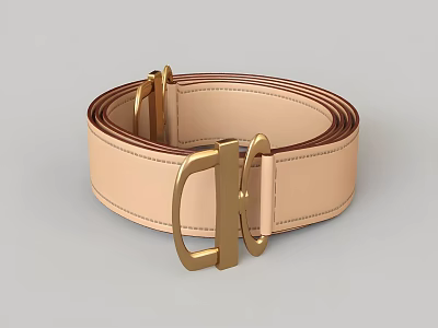 Light Beige Leather Belt With Golden Metal Buckle And Fine Stitching 3d model