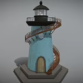 Light Blue Lighthouse Tower with Spiral Staircase Wooden Door and Illuminated Top on Gray Base