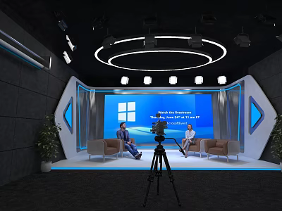 Modern Studio Setup with Blue Background and Two People Near Camera Equipment 3d model