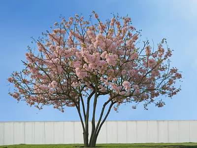 Beautiful Tree With Pink Blossoms Multiple Trunks White Wall And Blue Sky 3d model