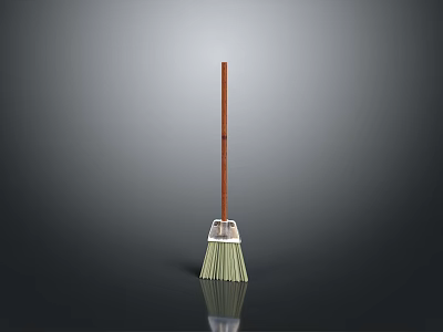Broom With Wooden Handle Green Bristles And Metal Frame On Grey Background With Reflection 3d model