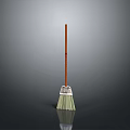 Broom With Wooden Handle Green Bristles And Metal Frame On Grey Background With Reflection