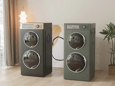 Two Modern Washing Machines In Stylish Home Interior With Plant And Pendant Lamp 3d model