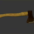 Rusty Axe With Yellow Wooden Handle And Metal Head On Dark Reflective Surface