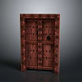 Traditional Dark Wood Cabinet With Intricate Carved Patterns And Double Doors