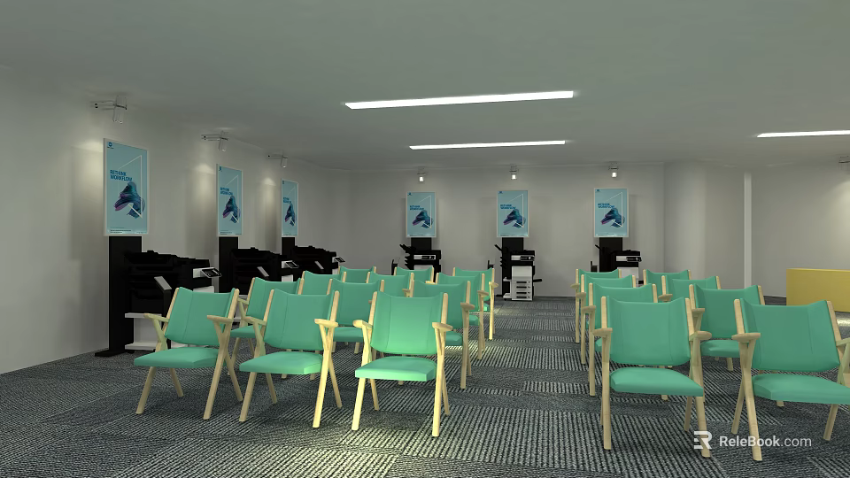 Spacious Meeting Room With Green Chairs Posters On Walls And Strip Lights 3d model 
