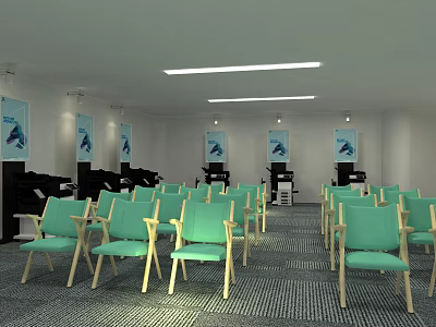 Spacious Meeting Room With Green Chairs Posters On Walls And Strip Lights 3d model