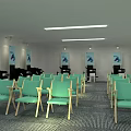 Spacious Meeting Room With Green Chairs Posters On Walls And Strip Lights