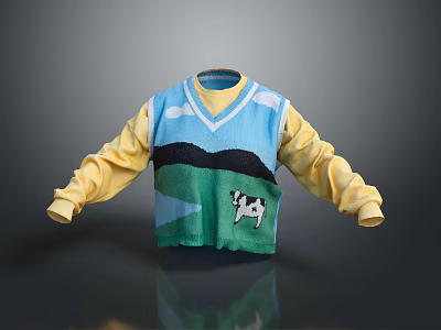 Cute Kids' Sweater Vest With Blue Body Yellow Long Sleeves And Puppy Design 3d model