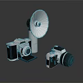 Vintage Old Style Cameras And Flash Unit As Classic Household Supplies