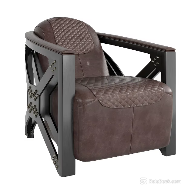 Modern Industrial Single Sofa With Quilted Brown Leather Cushion Black Wooden Frame And Brass Rivets 3d model 