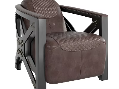 Modern Industrial Single Sofa With Quilted Brown Leather Cushion Black Wooden Frame And Brass Rivets 3d model