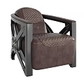 Modern Industrial Single Sofa With Quilted Brown Leather Cushion Black Wooden Frame And Brass Rivets