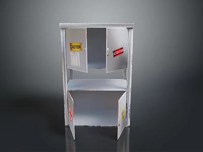 Metal Safety Storage Cabinet With Open Doors And Red Yellow Warning Labels 3d model