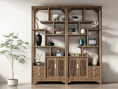 Traditional Chinese Wooden Shelf With Carved Doors And Decorative Vases Teapots Books Ornaments 3d model