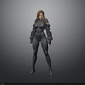 3D Female Character Model in Dark Combat Suit with Orange Accents Standing Pose
