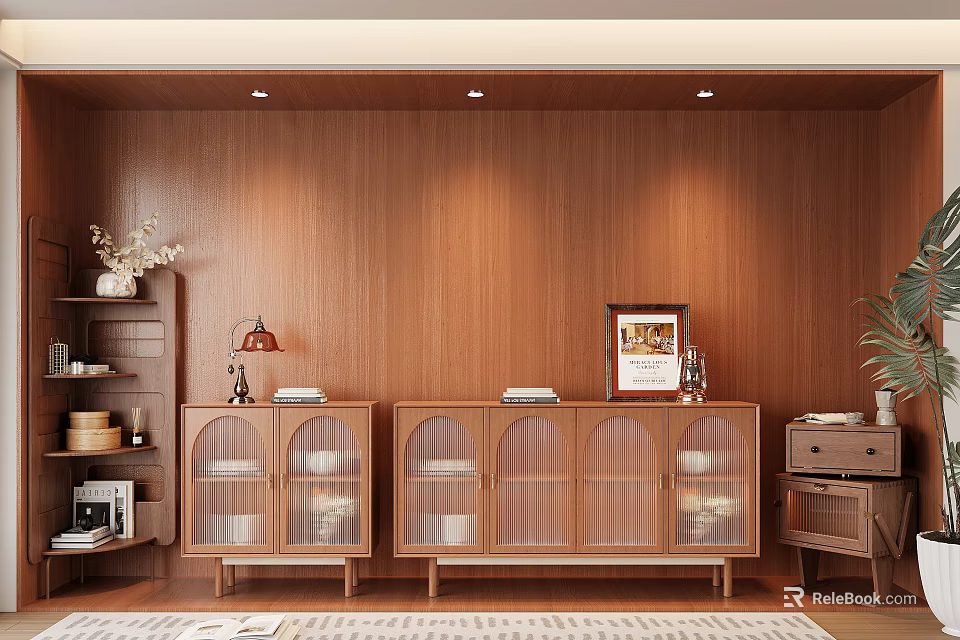 Wooden Sideboard with Glass Doors and Decorative Items Near Plant and Side Table 3d model 