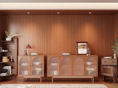 Wooden Sideboard with Glass Doors and Decorative Items Near Plant and Side Table 3d model