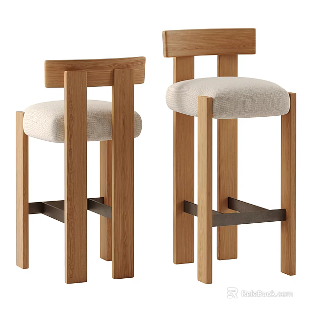 Modern Wooden Bar Stools With Light Colored Upholstered Seats And Metal Crossbar 3d model 