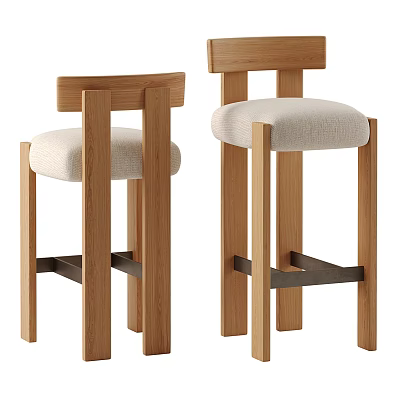 Modern Wooden Bar Stools With Light Colored Upholstered Seats And Metal Crossbar 3d model