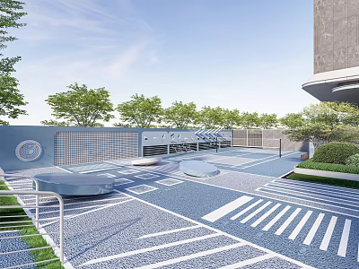 Modern Outdoor Garden Landscape With Blue White Paved Geometric Patterns And Green Trees 3d model