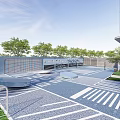 Modern Outdoor Garden Landscape With Blue White Paved Geometric Patterns And Green Trees