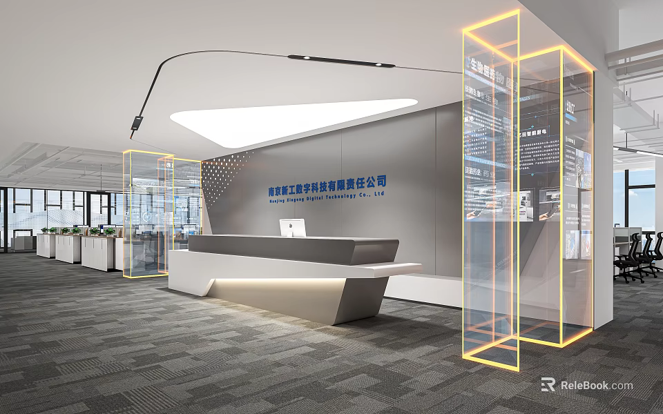 Modern Minimalist Corporate Office Reception Desk With Glowing Glass Partition And Elegant Ambient Lighting 3d model 