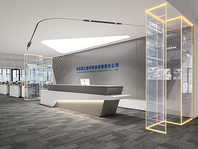 Modern Minimalist Corporate Office Reception Desk With Glowing Glass Partition And Elegant Ambient Lighting 3d model