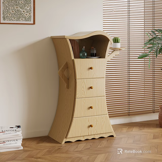 Wooden Storage Cabinet With Drawers Top Shelf And Decorative Bottles By Window Blinds 3d model 