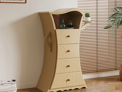 Wooden Storage Cabinet With Drawers Top Shelf And Decorative Bottles By Window Blinds 3d model