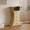 Wooden Storage Cabinet With Drawers Top Shelf And Decorative Bottles By Window Blinds