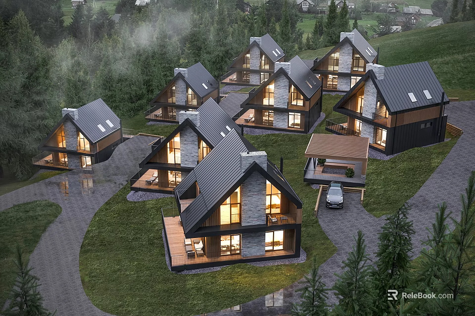 Modern Detached Villas In Mountain Area With Green Lawn And Driveway 3d model 