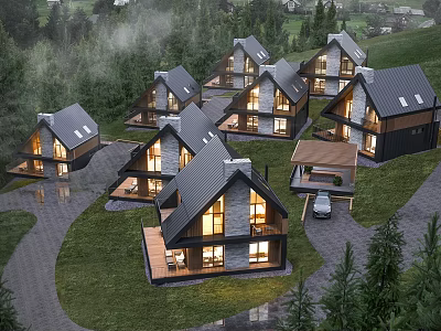 Modern Detached Villas In Mountain Area With Green Lawn And Driveway 3d model