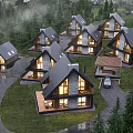 Modern Detached Villas In Mountain Area With Green Lawn And Driveway