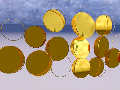 Golden Circular Wall Decor With Solid Discs And Hoops Against Blue And Light Gray Background 3d model