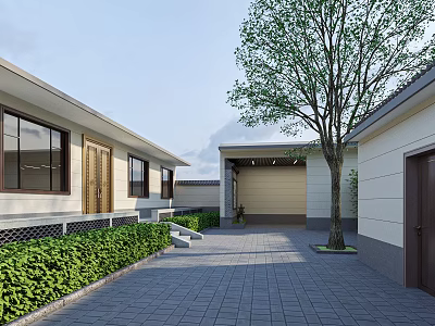 Traditional Courtyard Garden Landscape with Paved Walkway Green Shrubs Large Tree and Traditional Style Buildings 3d model