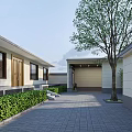 Traditional Courtyard Garden Landscape with Paved Walkway Green Shrubs Large Tree and Traditional Style Buildings