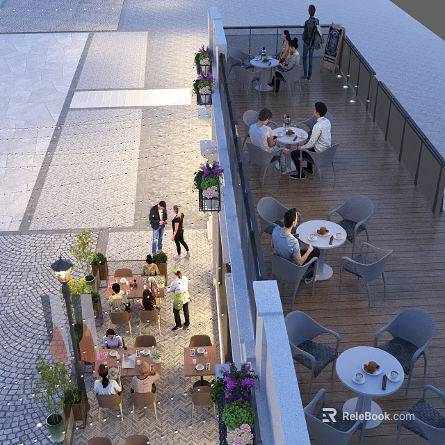 Outdoor Restaurant Terrace With Tables Chairs Dining Customers Plants And Stone Pavement 3d model 