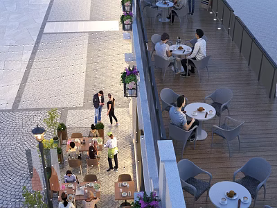 Outdoor Restaurant Terrace With Tables Chairs Dining Customers Plants And Stone Pavement 3d model