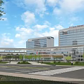 Modern First Hospital Building Exterior With Glass Curtain Walls Greenery Road Vehicles And Blue Sky