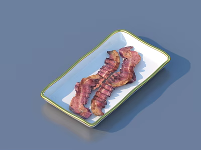 Crispy Cooked Bacon Slices On White Rectangular Plate With Green Rim 3d model