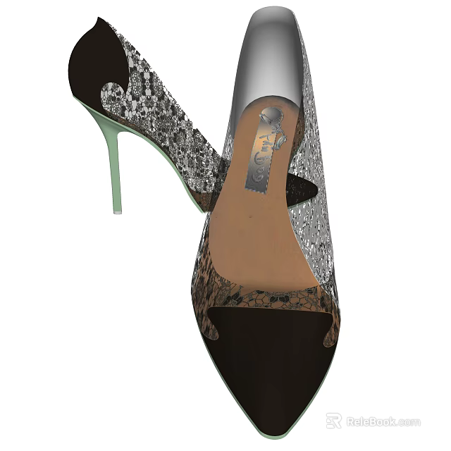 Elegant Open Toe High Heels With Black Silver Lace And Green Heel 3d model 